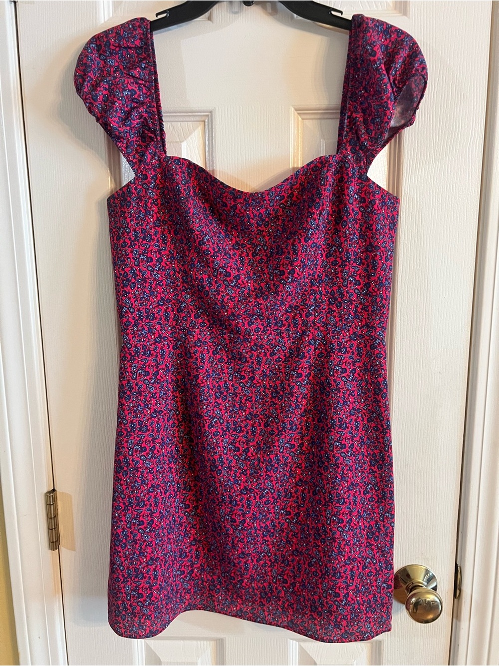 French Connection Raspberry & Blue Micro-Floral Cap Sleeve Mini Dress